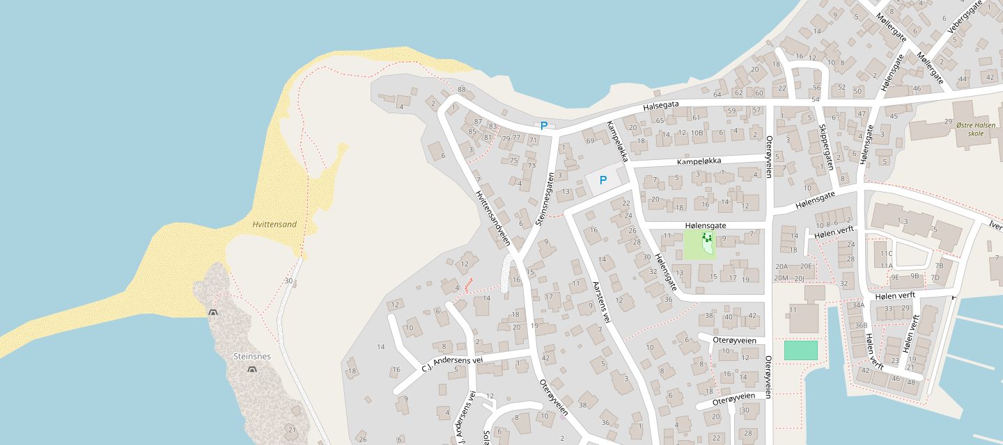 Kart over Østre Halsen i Larvik med Hvittensandveien 11 markert